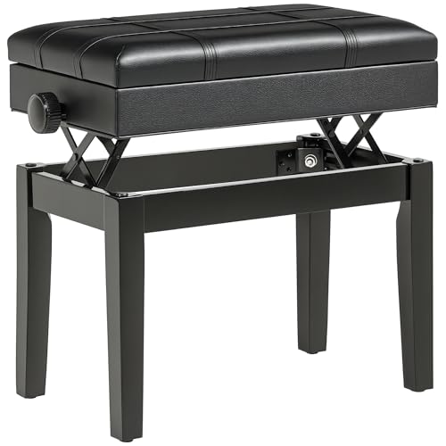 HOMCOM Banquette Tabouret siège pour Piano Coffre intégré Hauteur réglable Bois hévéa Assise revêtement synthétique Noir