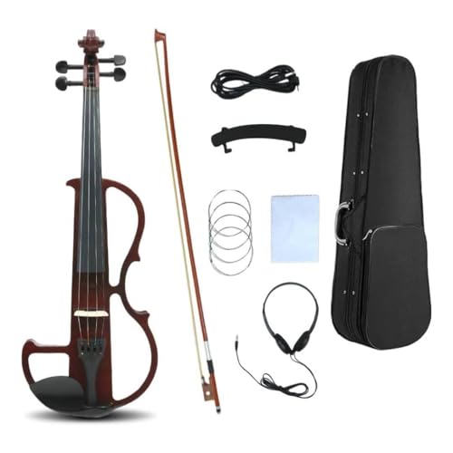 WUQIMUSC Violon électrique 4/4 de taille normale, silencieux, corps en bois massif, fixations en ébène avec étui, archet, casque, câble, cordes pour étudiants, débutants et adultes (rouge vin)