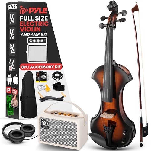 Pyle Violon 4/4 Adulte Électronique Silencieux avec Kit Amplificateur – Violon en Bois Massif avec Amplificateur 10W et Accessoires Complets-Instrument à Cordes Orchestral Taille Complète