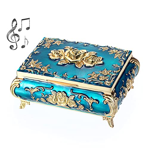 OLegei Boîte à musique vintage - Boîte à bijoux musicale en métal Boîte à souvenirs pour bague Bracelet Boucles doreilles Cadeau pour femme (bleu+or)