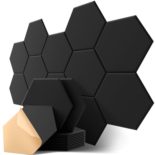 Panneaux Acoustiques Hexagone Autocollante, Lot de 12, Panneau Acoustique Haute Densité pour Mural, Porte, Plafond, Traitement Acoustique pour Home Studio, Gaming, Chambre, 30 x 26 x 0,9cm, Noir