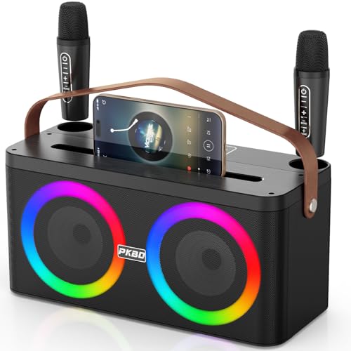 PKBD Machine de Karaoké avec Support pour Téléphone/Tablette, Système de Karaoké Portable avec 2 Microphones sans Fil/Lumières LED/Système de Sonorisation pour Fête à Domicile, Cadeaux d'anniversaire