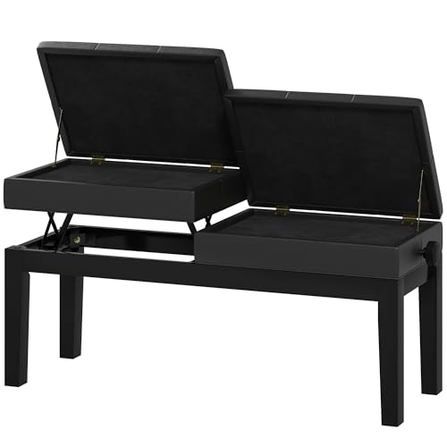 HOMCOM Banc de Piano réglable en Hauteur, Tabouret de Piano avec Rangement, Banquette pour Clavier capitonné, Pieds en Bois d'hévéa, Noir