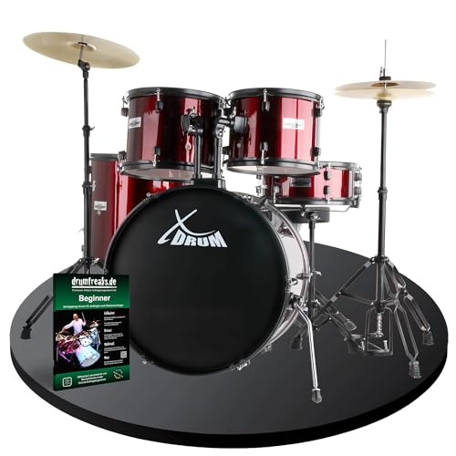 XDrum Rookie 20" Studio Batterie Complète Ruby Red - Idéal pour Débutants - Matériel Stylé en Noir - Inclut Baguettes, Guide de Montage et École de Batterie - Rouge