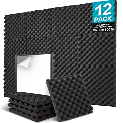 JBER Lot de 12 panneaux acoustiques autocollants en mousse haute densité pour studio d'enregistrement, maison, bureau, chambre à coucher, salle de jeux, 30 x 30 x 3 cm